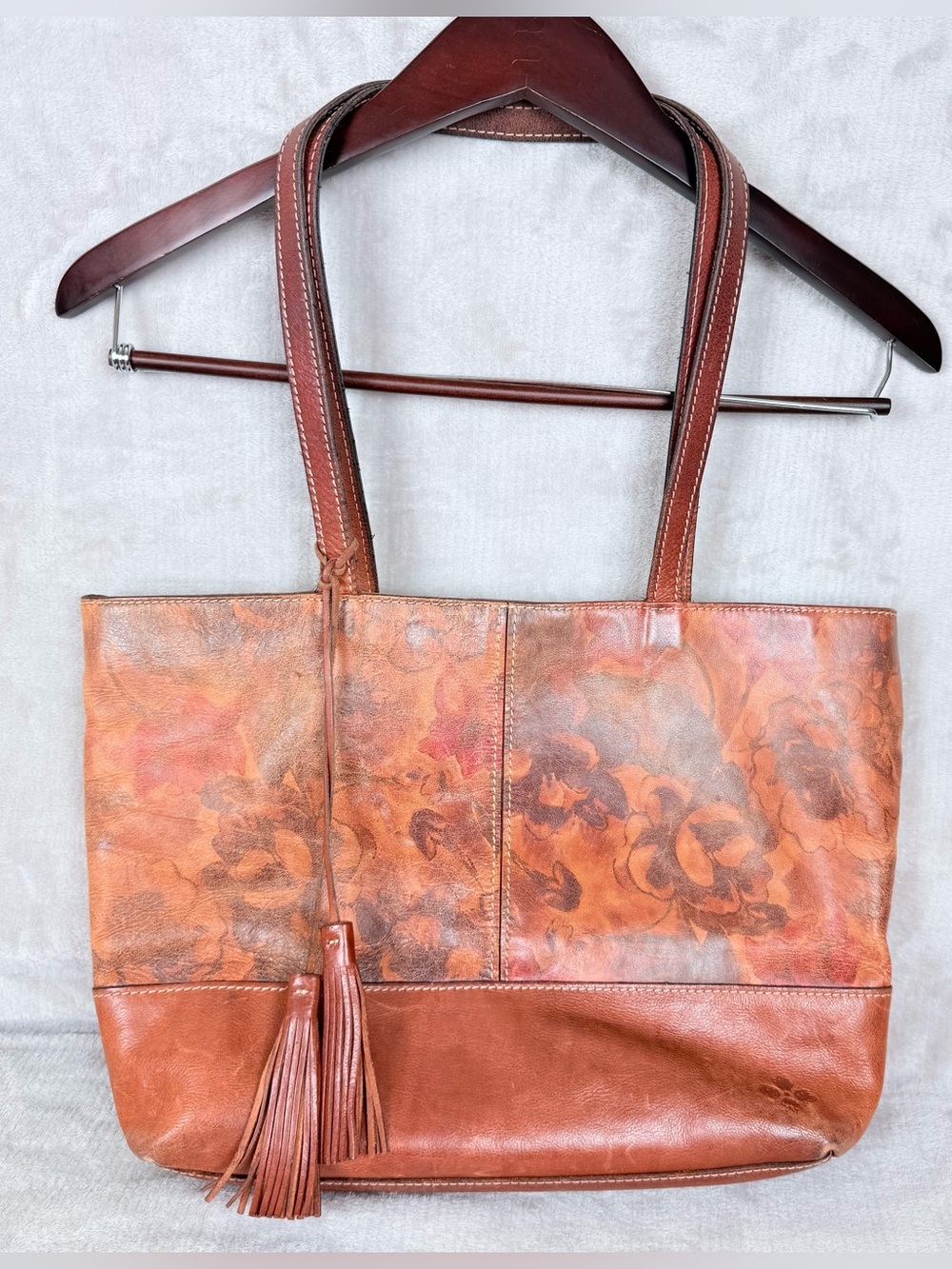 Patricia Nash Floral Leather Tote Bag Brown Cognac Tassel Shoulder Bag